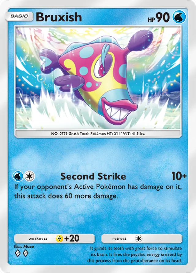 Bruxish, Genetic Apex #091, Basic Water Pokémon, illustrated by Mizue