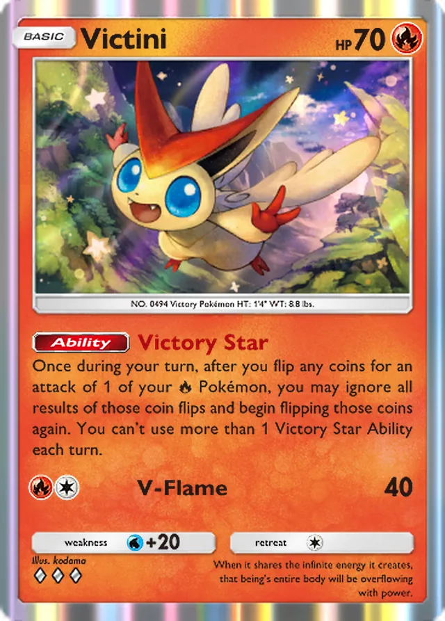 Victini, Pulsing Aura #025, Basic Fire Pokémon, illustrated by kodama