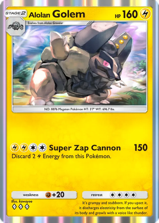 Alolan Golem, Celestial Guardians #061, Stage 2 Lightning Pokémon, illustrated by kawayoo