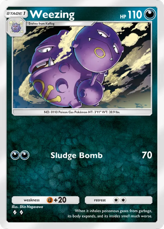 Weezing, Pulsing Aura #102, Stage 1 Darkness Pokémon, illustrated by Shin Nagasawa