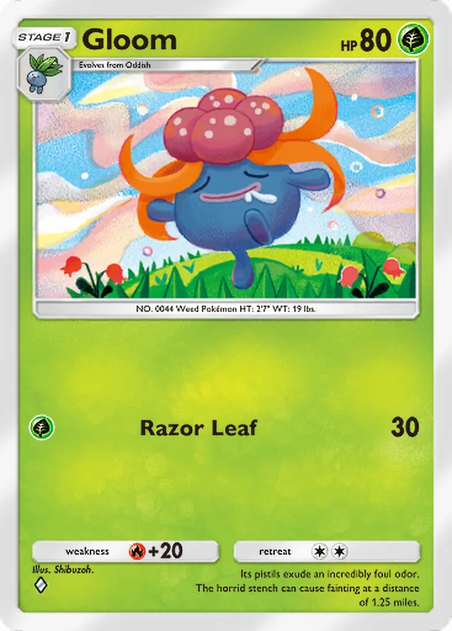 Gloom, Space-Time Smackdown #002, Stage 1 Grass Pokémon, illustrated by Shibuzoh.