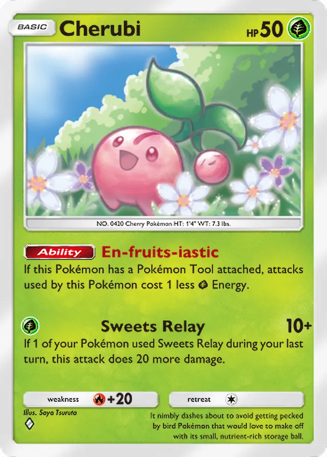 Cherubi, Wisdom of Sea and Sky #023, Basic Grass Pokémon, illustrated by Saya Tsuruta