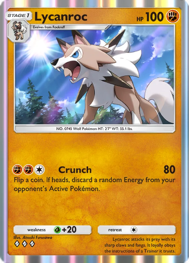 Lycanroc, Celestial Guardians #100, Stage 1 Fighting Pokémon, illustrated by Atsushi Furusawa