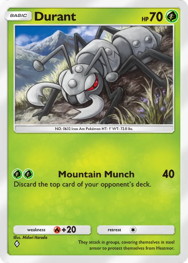Durant, Secluded Springs #007, Basic Grass Pokémon, illustrated by Midori Harada