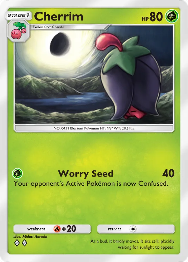 Cherrim, Triumphant Light #007, Stage 1 Grass Pokémon, illustrated by Midori Harada