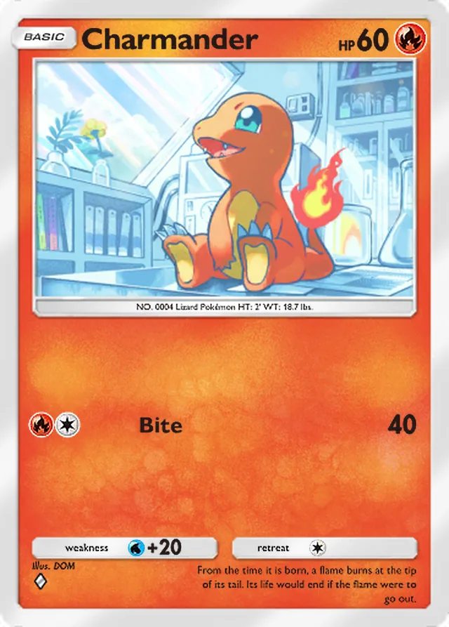 Charmander, Crimson Blaze #011, Basic Fire Pokémon, illustrated by DOM
