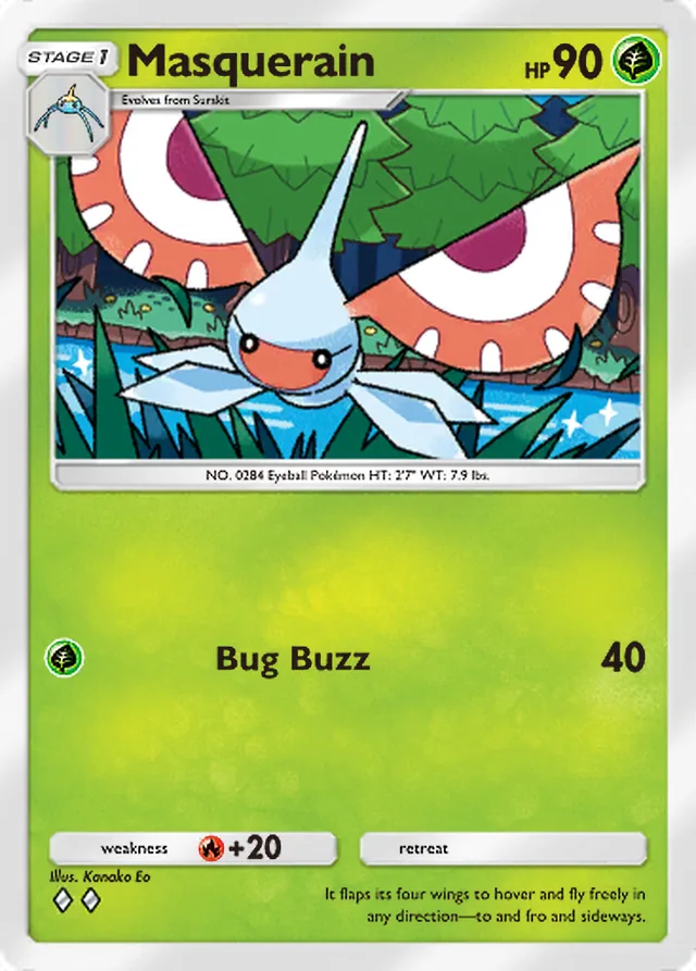 Masquerain, Celestial Guardians #004, Stage 1 Grass Pokémon, illustrated by Kanako Eo