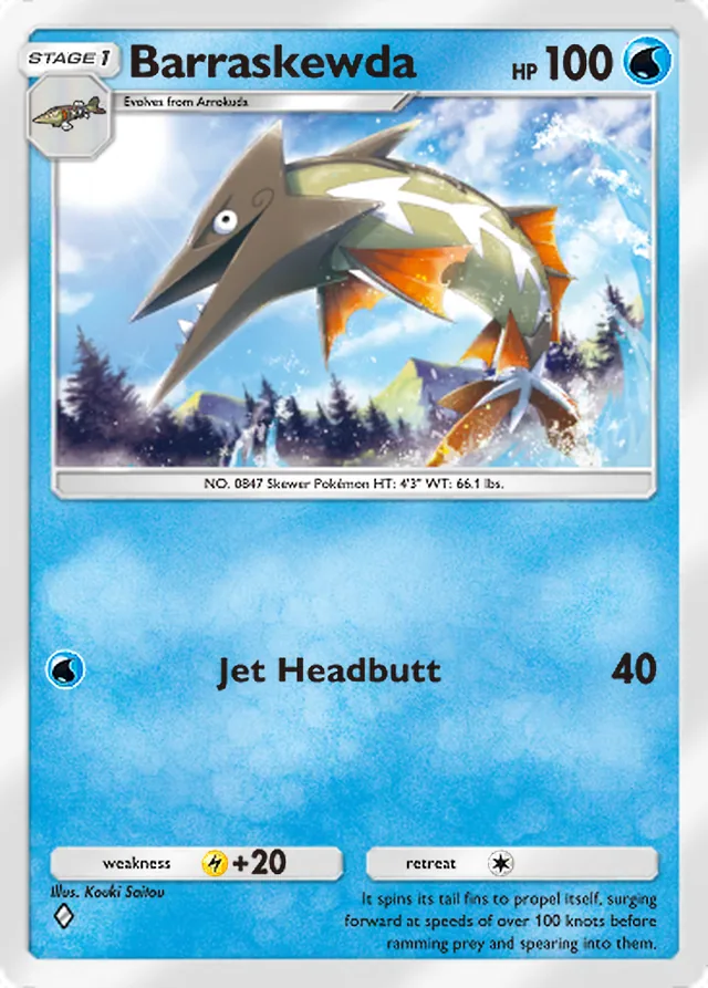 Barraskewda, Fantastical Parade #047, Stage 1 Water Pokémon, illustrated by Kouki Saitou