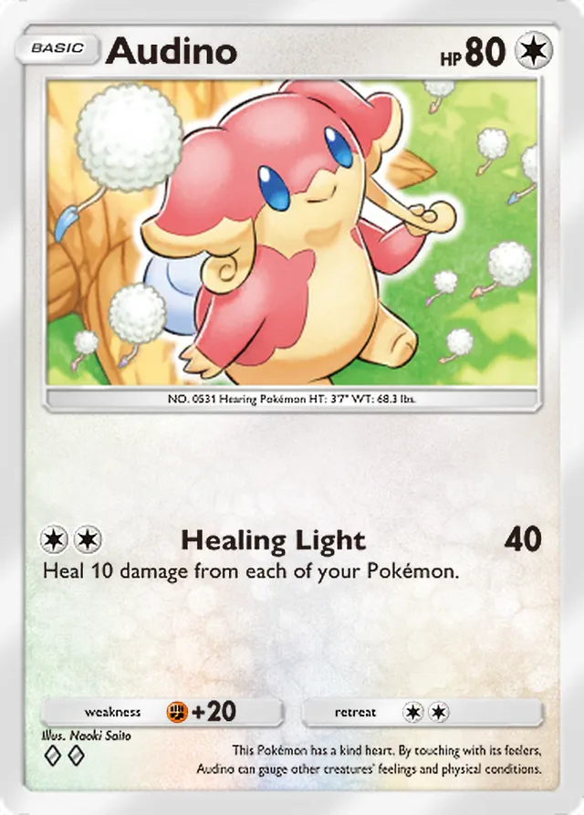 Audino, Pulsing Aura #140, Basic Colorless Pokémon, illustrated by Naoki Saito
