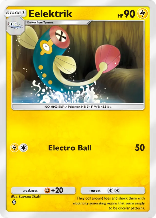 Eelektrik, Secluded Springs #027, Stage 1 Lightning Pokémon, illustrated by Suwama Chiaki