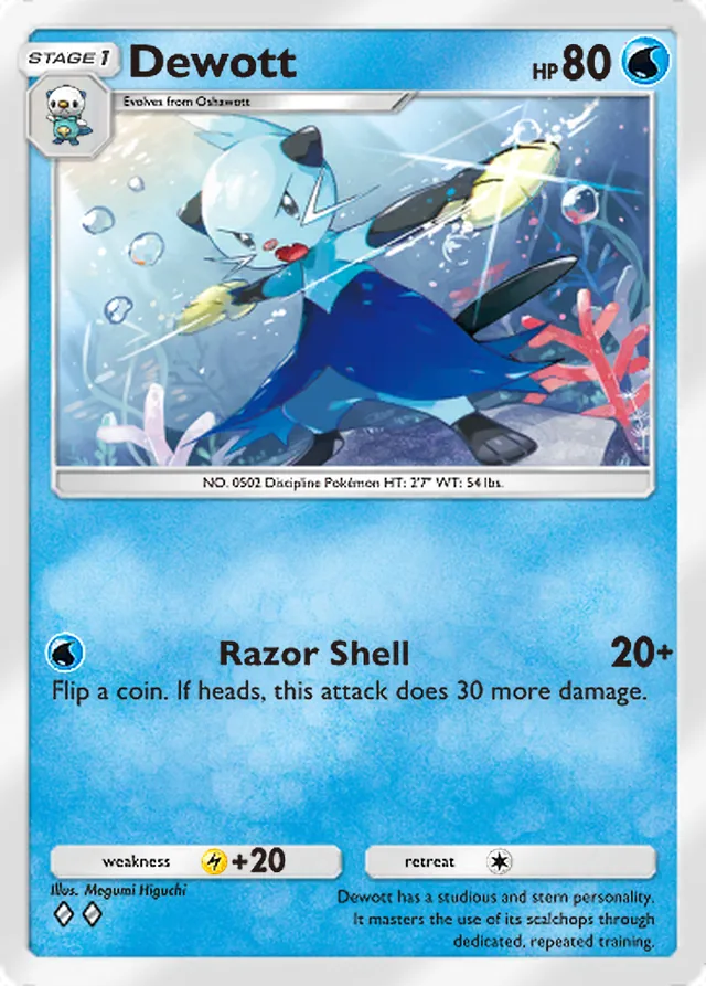 Dewott, Ruler of the Skies #043, Stage 1 Water Pokémon, illustrated by Megumi Higuchi