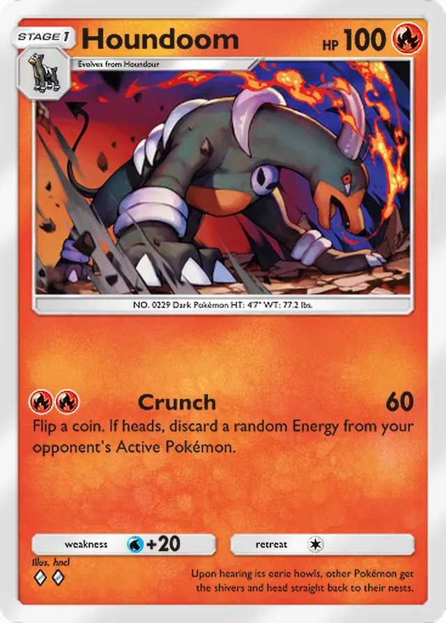 Houndoom, Ruler of the Skies #028, Stage 1 Fire Pokémon, illustrated by hncl