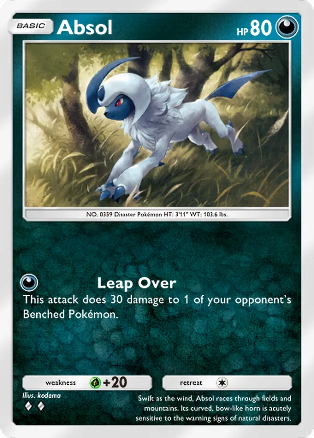 Absol, Wisdom of Sea and Sky #120, Basic Darkness Pokémon, illustrated by kodama