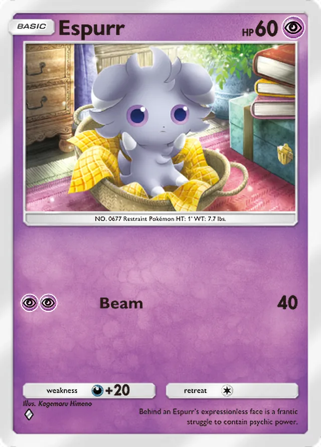 Espurr, Team Rocket’s Ambition #031, Basic Psychic Pokémon, illustrated by Kagemaru Himeno