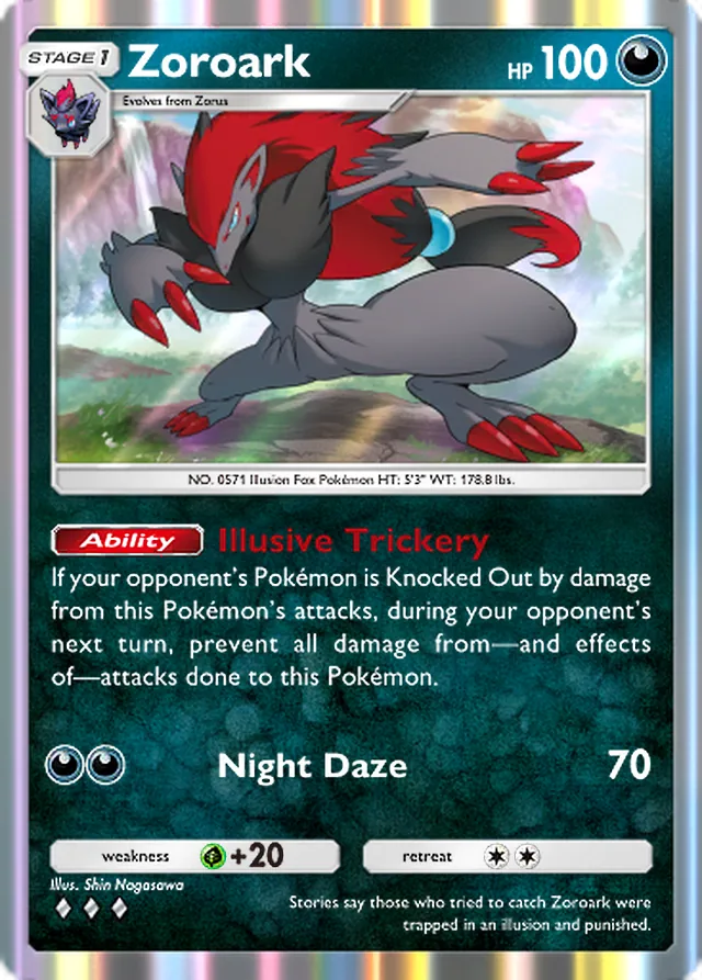 Zoroark, Secluded Springs #050, Stage 1 Darkness Pokémon, illustrated by Shin Nagasawa