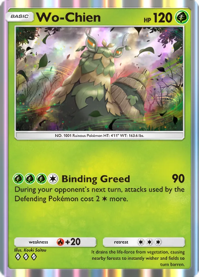 Wo-Chien, Paldean Wonders #015, Basic Grass Pokémon, illustrated by Kouki Saitou