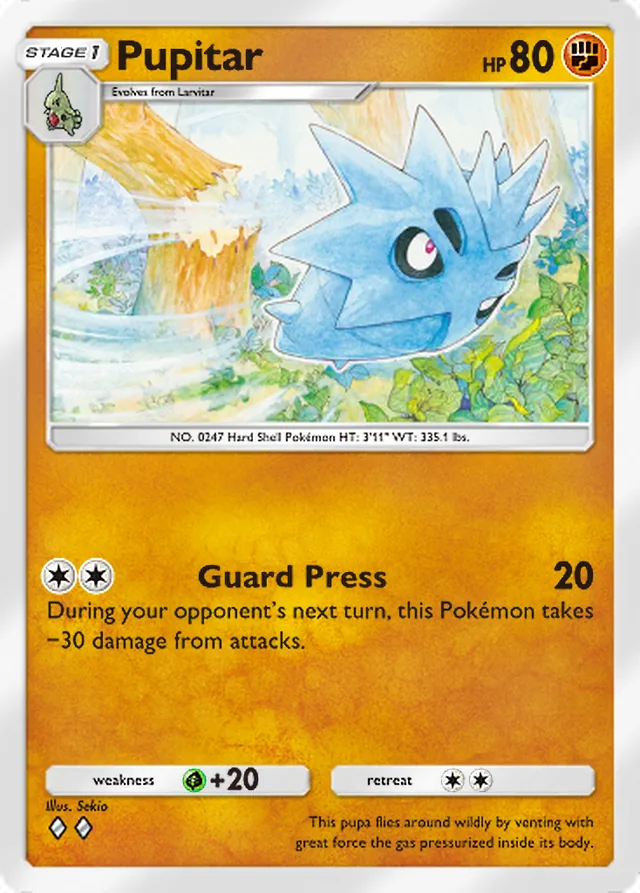 Pupitar, Wisdom of Sea and Sky #104, Stage 1 Fighting Pokémon, illustrated by Sekio