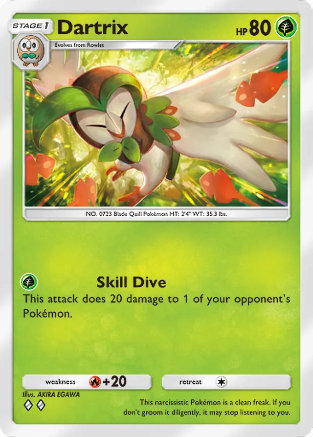 Dartrix, Extradimensional Crisis #004, Stage 1 Grass Pokémon, illustrated by AKIRA EGAWA