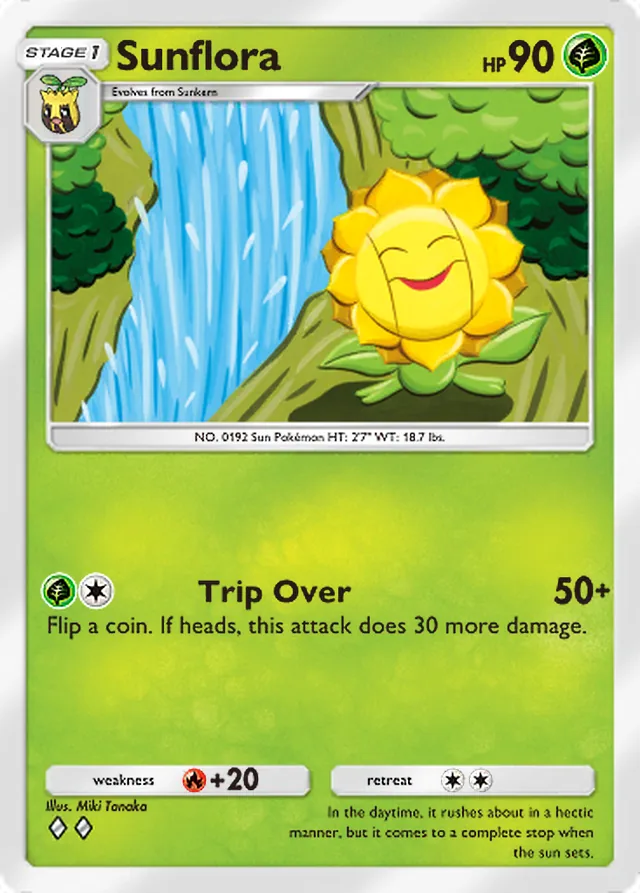 Sunflora, Secluded Springs #005, Stage 1 Grass Pokémon, illustrated by Miki Tanaka