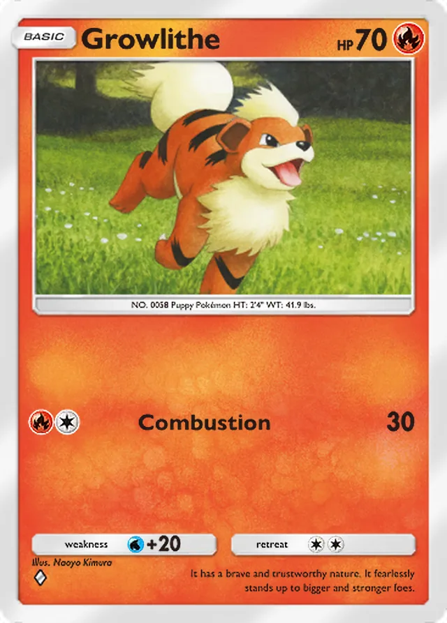 Growlithe, Celestial Guardians #025, Basic Fire Pokémon, illustrated by Naoyo Kimura