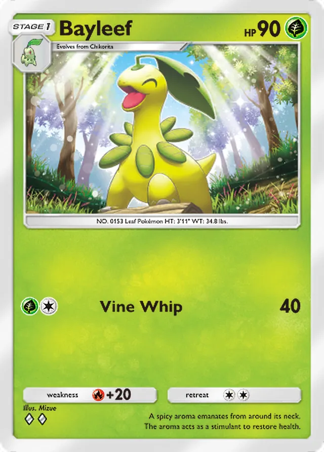 Bayleef, Wisdom of Sea and Sky #009, Stage 1 Grass Pokémon, illustrated by Mizue
