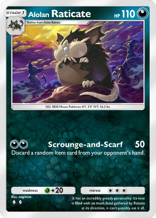 Alolan Raticate, Celestial Guardians #107, Stage 1 Darkness Pokémon, illustrated by nagimiso