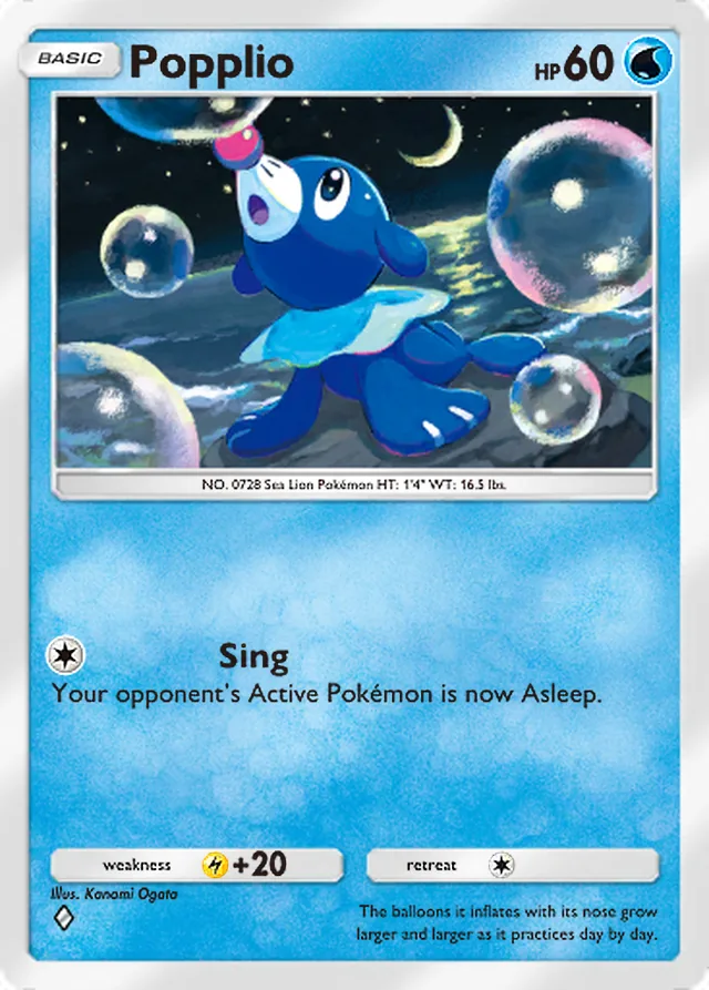 Popplio, Celestial Guardians #045, Basic Water Pokémon, illustrated by Kanami Ogata