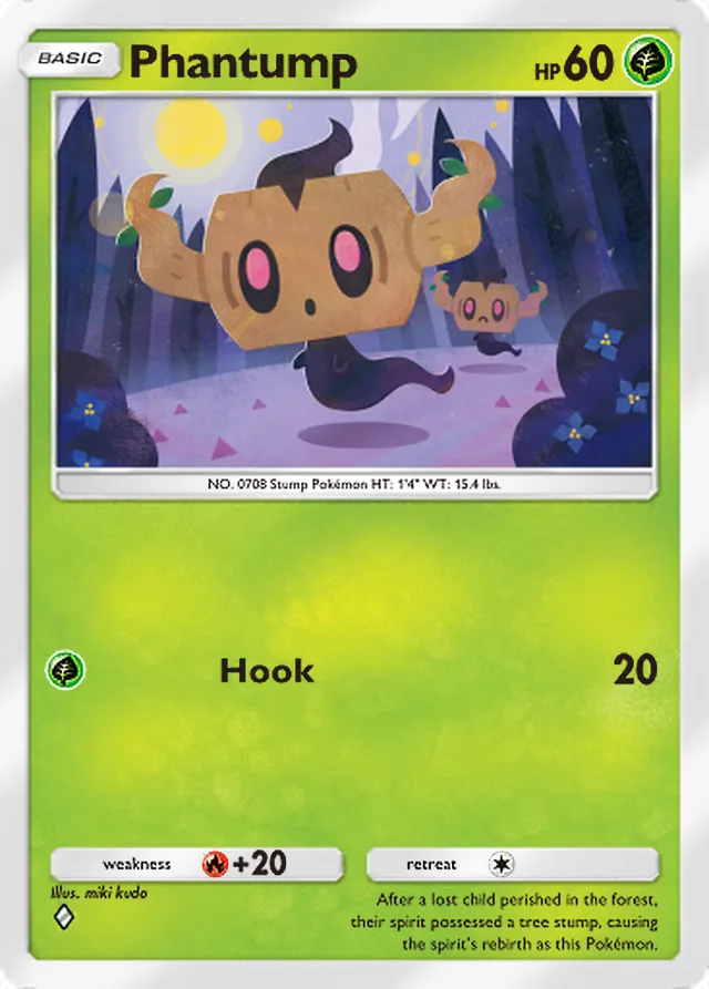 Phantump, Celestial Guardians #007, Basic Grass Pokémon, illustrated by miki kudo