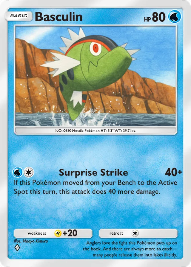 Basculin, Crimson Blaze #021, Basic Water Pokémon, illustrated by Naoyo Kimura