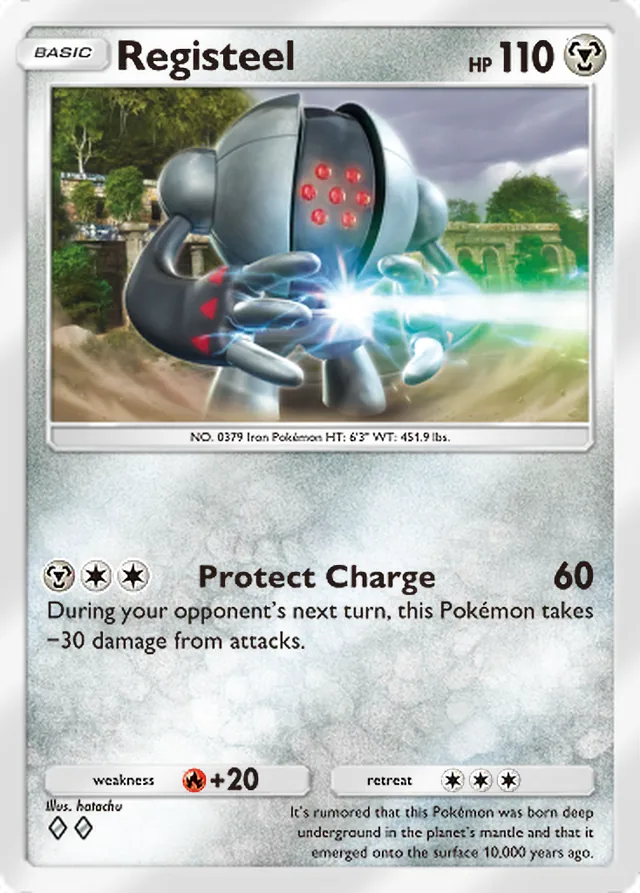 Registeel, Pulsing Aura #116, Basic Metal Pokémon, illustrated by hatachu