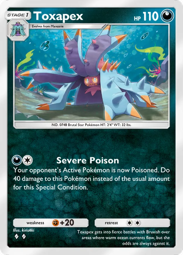 Toxapex, Everyday Wonders #047, Stage 1 Darkness Pokémon, illustrated by kirisAki