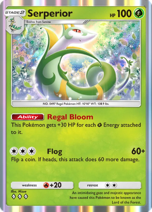Serperior, Team Rocket’s Ambition #005, Stage 2 Grass Pokémon, illustrated by Mizue