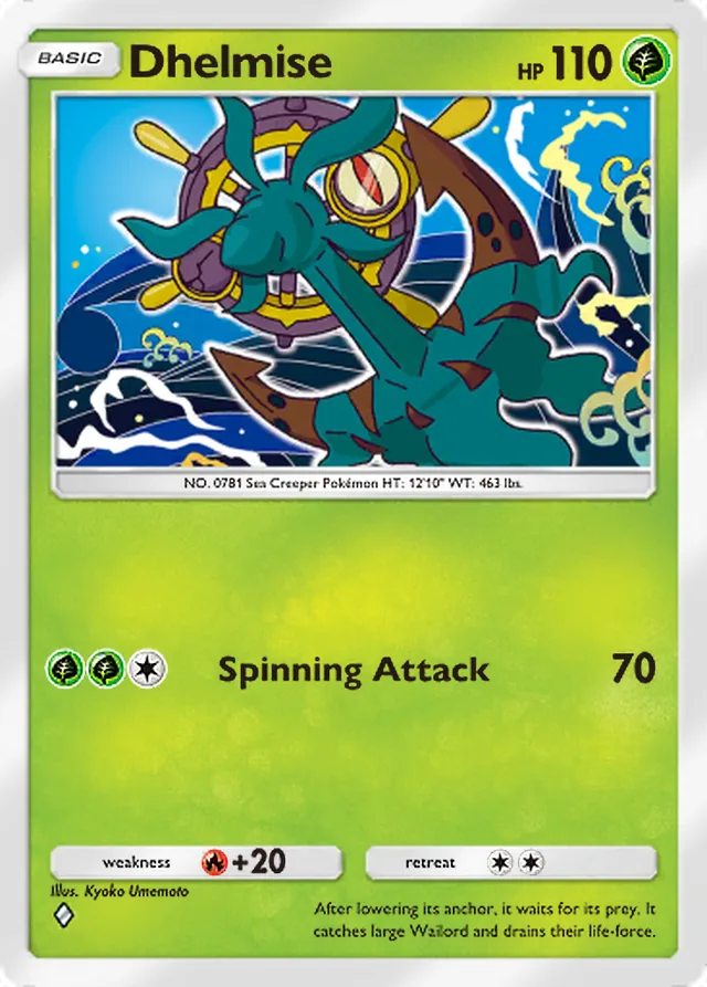 Dhelmise, Ruler of the Skies #015, Basic Grass Pokémon, illustrated by Kyoko Umemoto