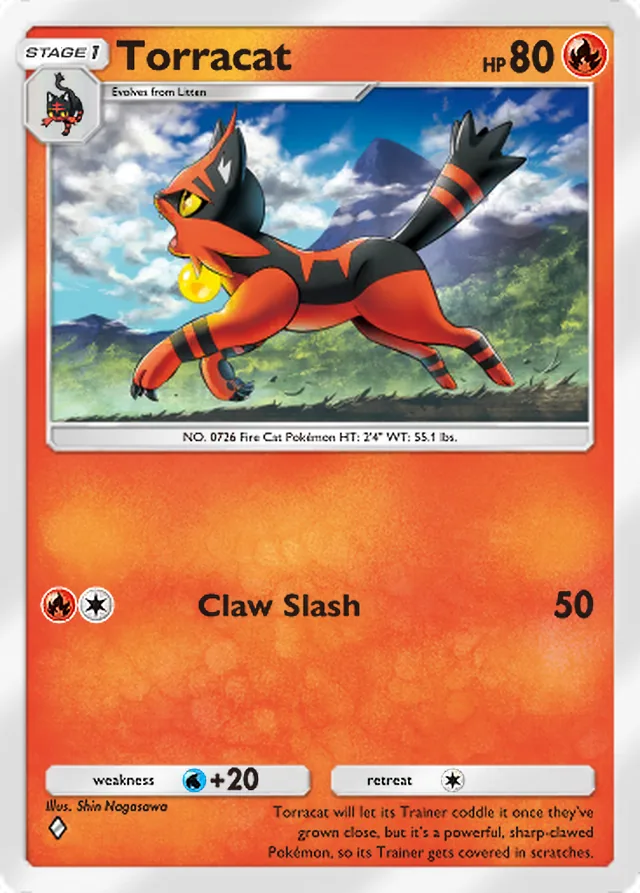 Torracat, Eevee Grove #012, Stage 1 Fire Pokémon, illustrated by Shin Nagasawa