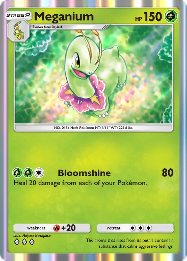 Meganium, Wisdom of Sea and Sky #010, Stage 2 Grass Pokémon, illustrated by Hajime Kusajima