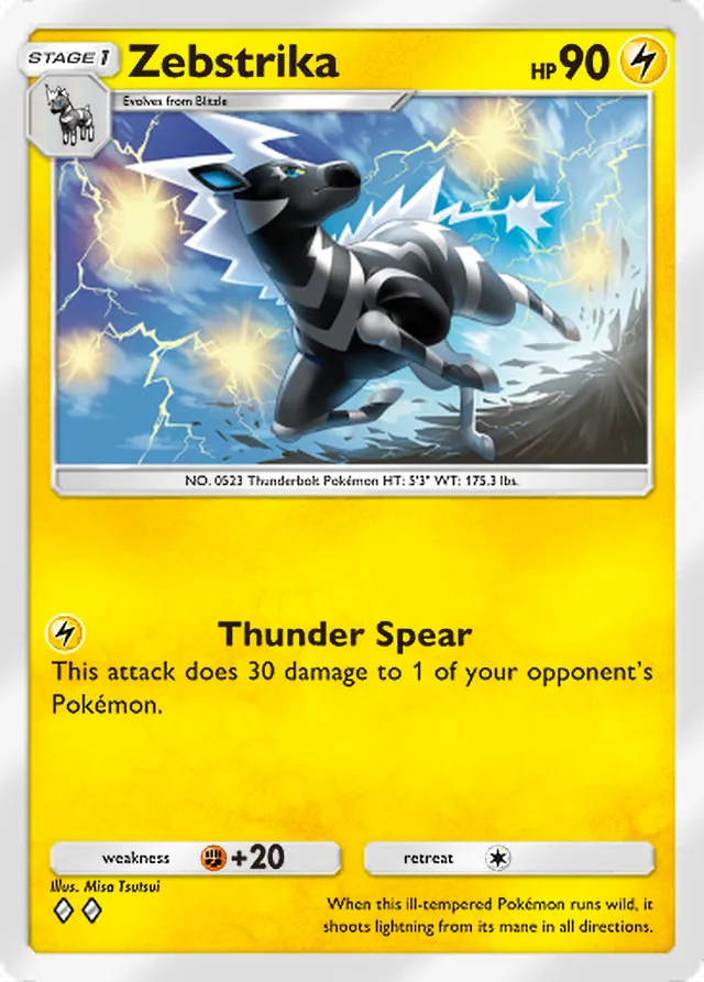 Zebstrika, Genetic Apex #106, Stage 1 Lightning Pokémon, illustrated by Misa Tsutsui