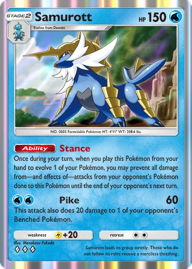 Samurott, Ruler of the Skies #044, Stage 2 Water Pokémon, illustrated by Masakazu Fukuda