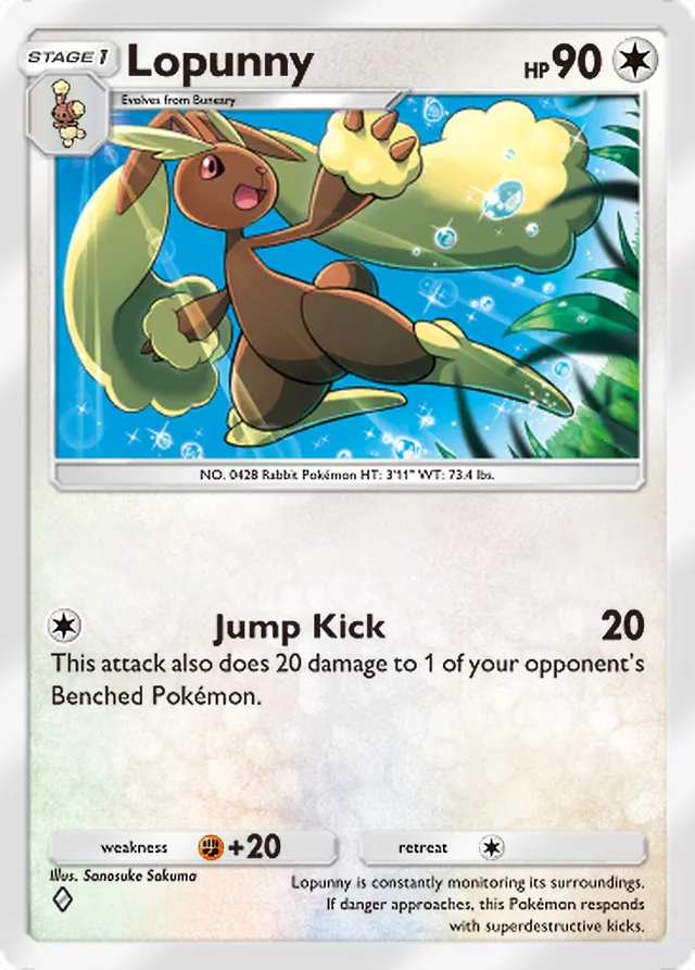 Lopunny, Space-Time Smackdown #138, Stage 1 Colorless Pokémon, illustrated by Sanosuke Sakuma