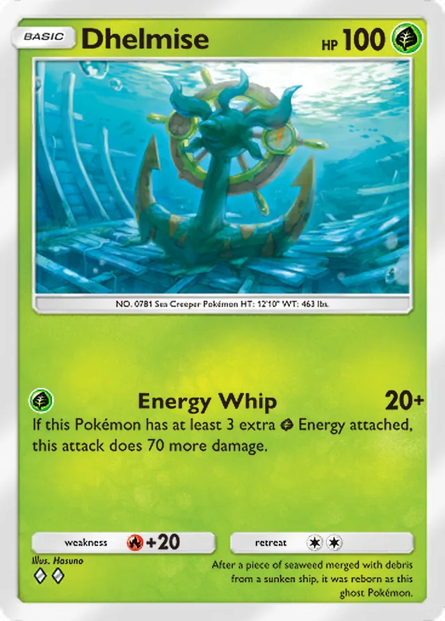 Dhelmise, Mythical Island #009, Basic Grass Pokémon, illustrated by Hasuno