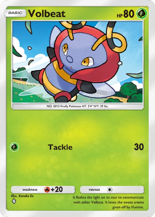 Volbeat, Team Rocket’s Ambition #001, Basic Grass Pokémon, illustrated by Kanako Eo