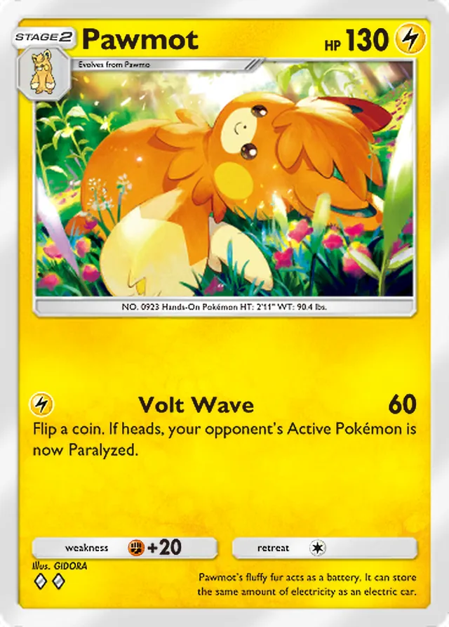 Pawmot, Paradox Drive #016, Stage 2 Lightning Pokémon, illustrated by GIDORA