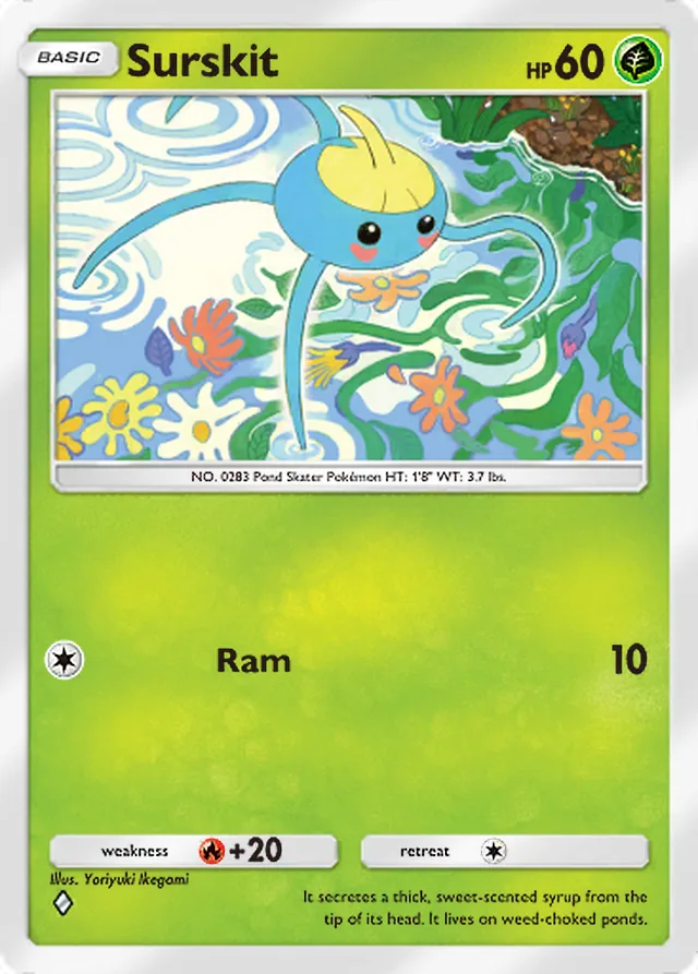 Surskit, Paradox Drive #001, Basic Grass Pokémon, illustrated by Yoriyuki Ikegami