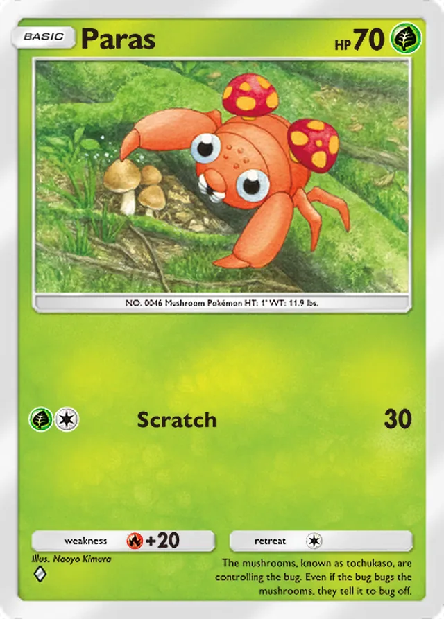 Paras, Genetic Apex #014, Basic Grass Pokémon, illustrated by Naoyo Kimura