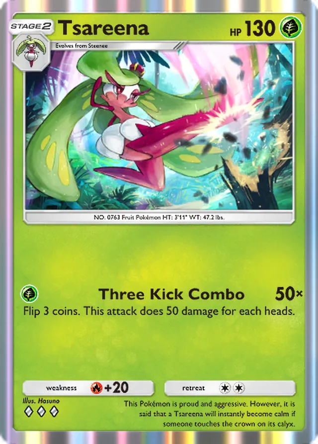 Tsareena, Celestial Guardians #020, Stage 2 Grass Pokémon, illustrated by Hasuno