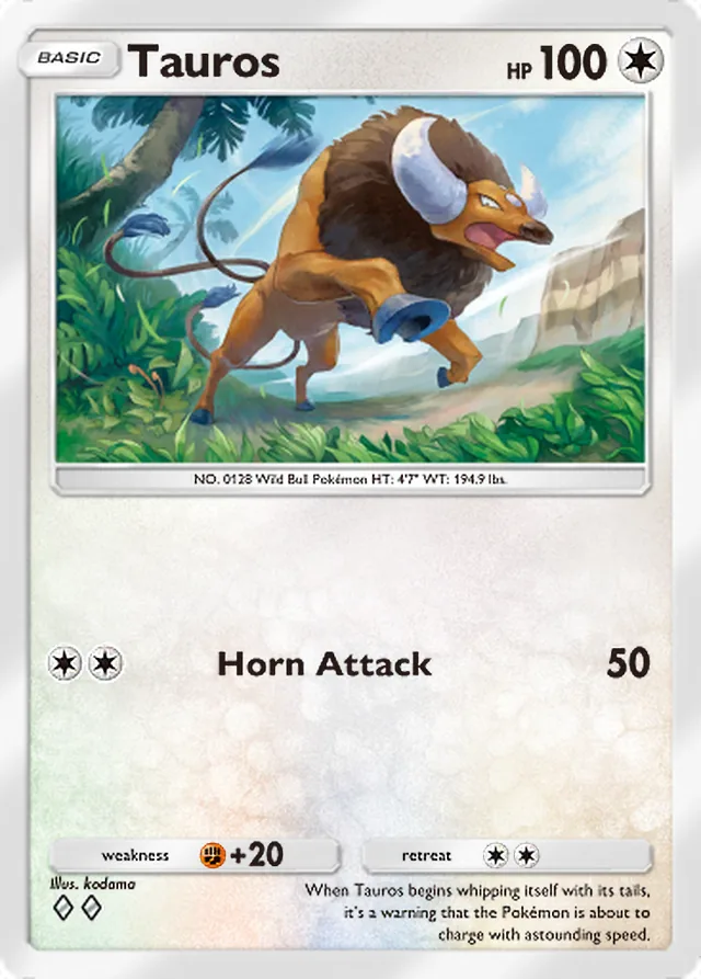 Tauros, Genetic Apex #204, Basic Colorless Pokémon, illustrated by kodama