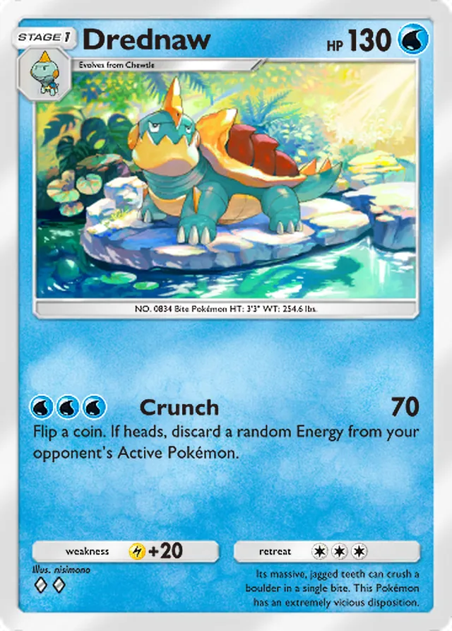 Drednaw, Mythical Island #023, Stage 1 Water Pokémon, illustrated by nisimono