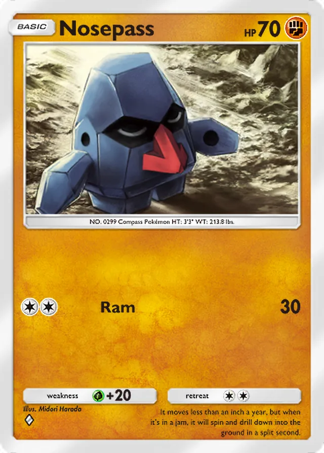 Nosepass, Space-Time Smackdown #086, Basic Fighting Pokémon, illustrated by Midori Harada