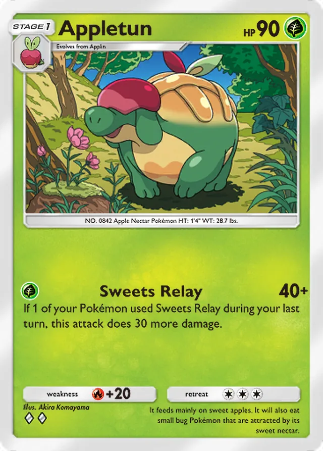 Appletun, Eevee Grove #007, Stage 1 Grass Pokémon, illustrated by Akira Komayama