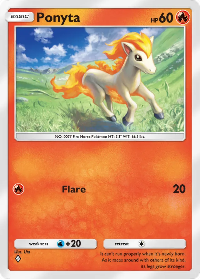 Ponyta, Genetic Apex #042, Basic Fire Pokémon, illustrated by Uta