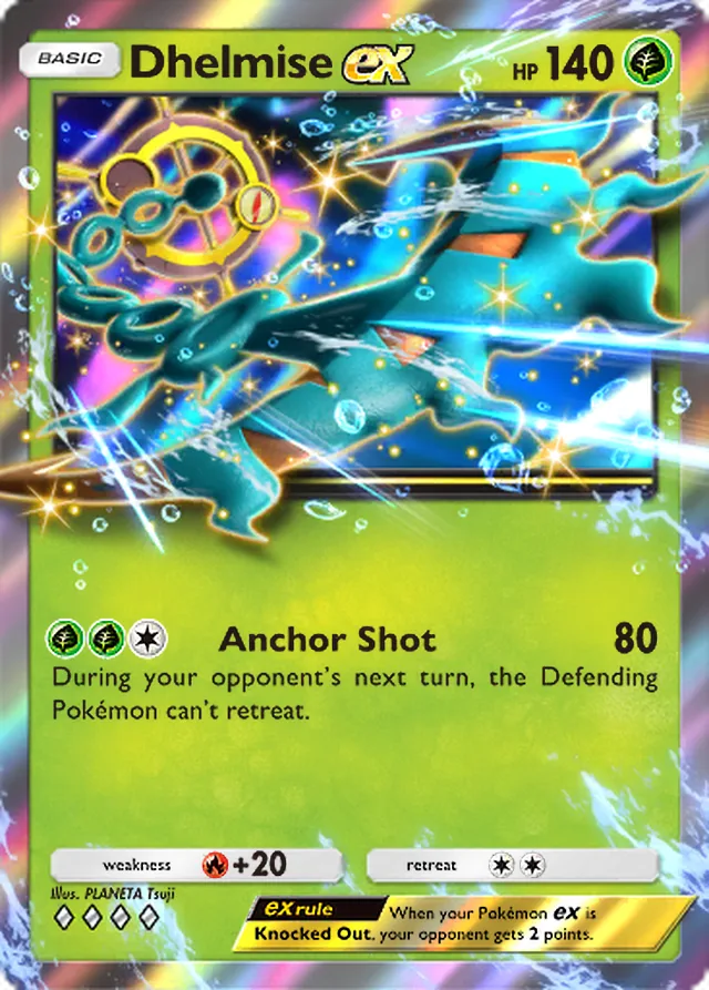 Dhelmise ex, Celestial Guardians #023, Basic Grass Pokémon, illustrated by PLANETA Tsuji